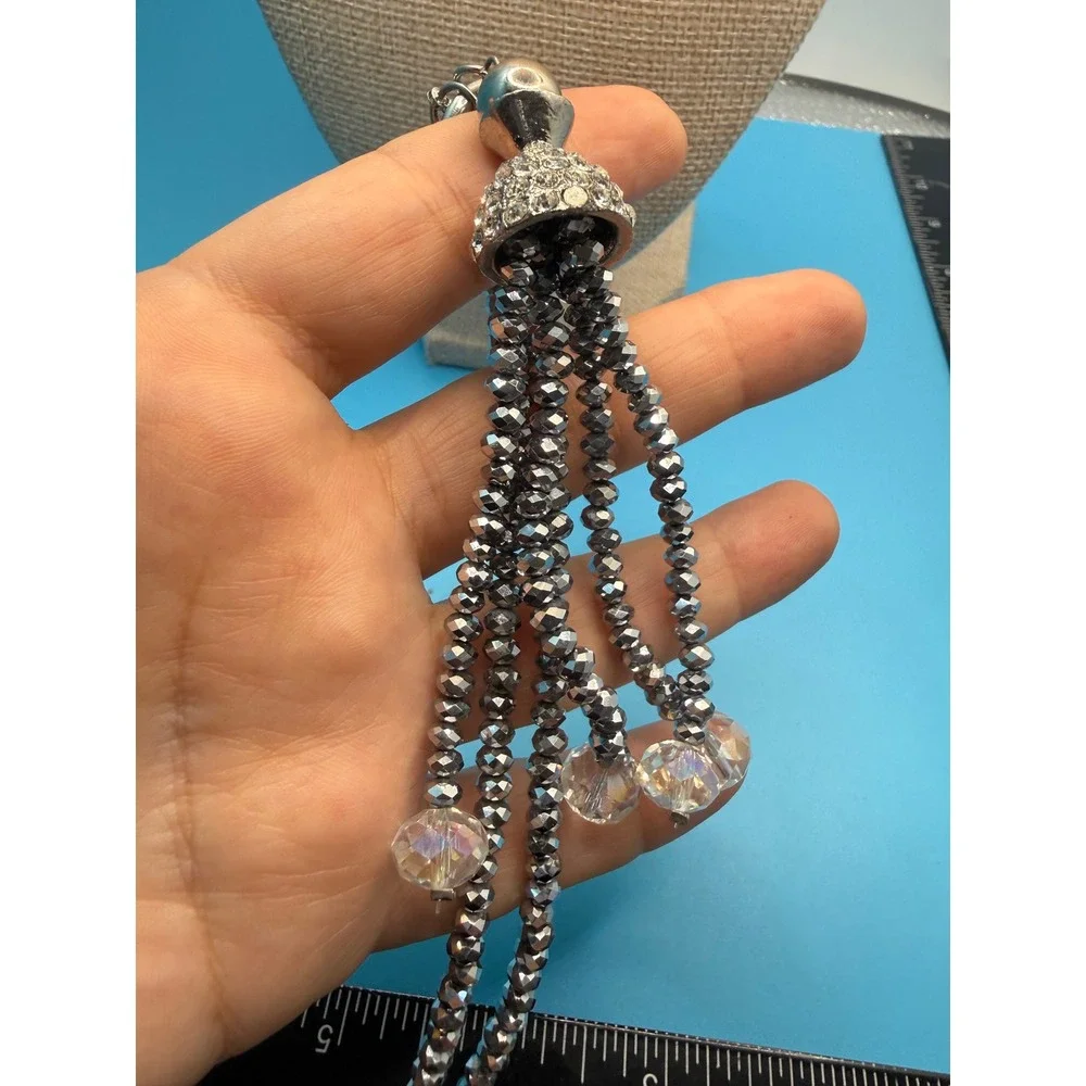 Gunmetal Grey Faceted Bead‎ Tassel Lariat Necklace Rhinestone Iridescent Crystal
